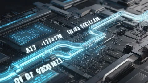 Futuristic Digital Circuit Board With Flowing Blue Data Streams Loop Descripción Stock Footage 311093473