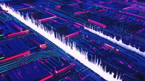 Futuristic digital circuit board with glowing neon pink data streams and bl.. Stock Footage 321340454