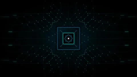Futuristic digital circuit board with glowing cyan lines and a central proc.. 動画素材 335826439