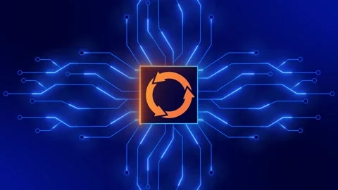 Futuristic digital circuit technology background - rotating update sign Video stock 169997915