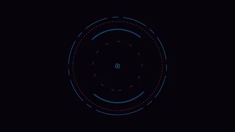Futuristic digital circular interface with glowing blue and red light rings Stockbeeldmateriaal 338310402