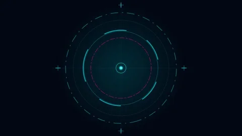 Futuristic digital circular interface with glowing neon cyan crosshairs Stock Footage 339619143