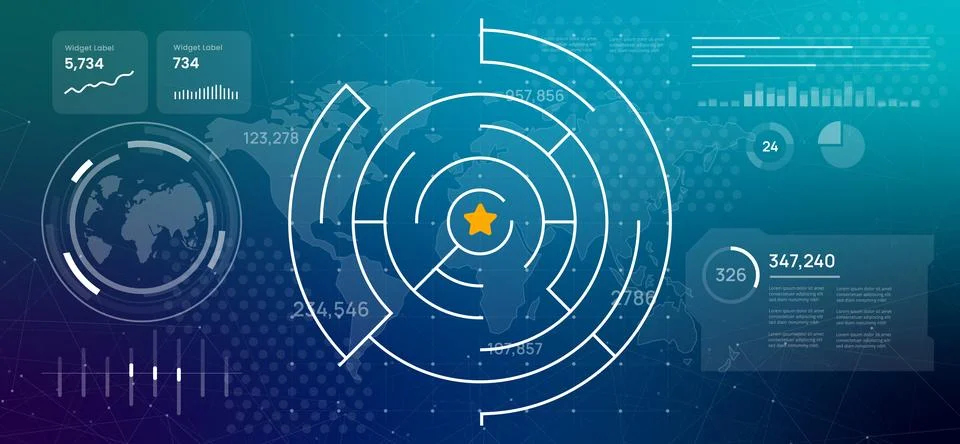 Futuristic digital circular maze visual metaphor for solving problem Illustrazione stock