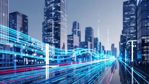 Futuristic Digital City with Data Light Trails and Modern Skyscrapers Stock Footage 313533978