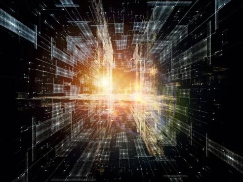 Futuristic Digital City with Glowing Data Light Trails Stock Illustration