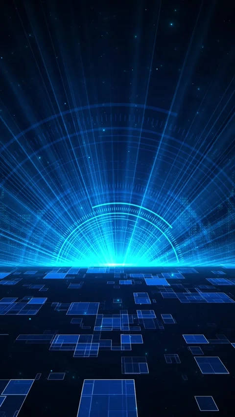 Futuristic digital city interface blue HUD arcs, glowing beams, virtual skyline, Stock Footage 340456365