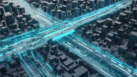 Futuristic digital city network glowing blue data streams flowing through a.. Stock Footage 321340513
