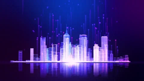Futuristic digital city  with a particles trails. Technology and connection.. Stock Footage 270315937