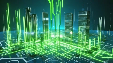Futuristic digital city skyline with glowing green circuit board pathways a.. Stock Footage 321340495