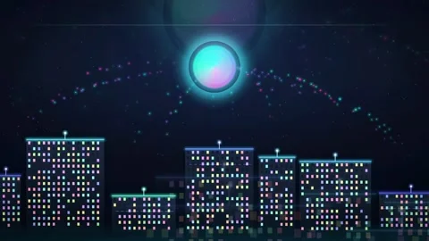 Futuristic Digital City Skyline with Glowing Neon Lights and Abstract Data Видео 341830720