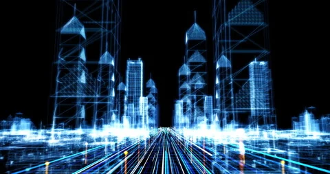 Futuristic digital city wireframe and glowing planet earth globe. Stock Footage 330497944