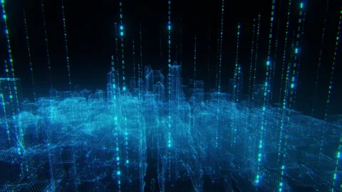 Futuristic Digital Cityscape with Binary Code Stock Footage 292880975