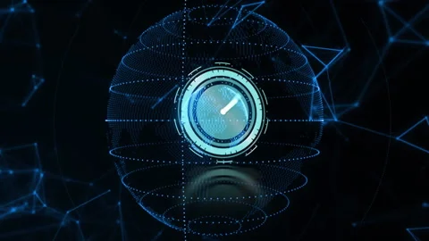 Futuristic digital clock animation over glowing blue spherical network design Stock Footage 304202798