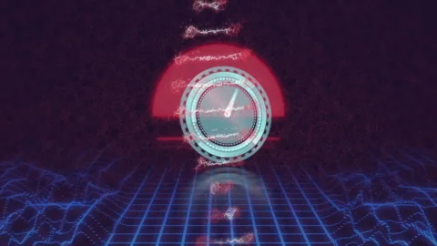 Futuristic digital clock animation over grid with glowing red and blue elements Stock Footage 304806890
