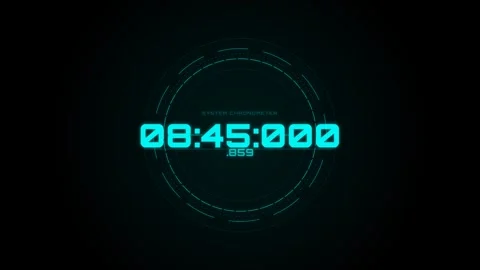 Futuristic Digital Clock Motion Graphic with Cyan Glowing Interface and Cir.. Stock Footage 346611921