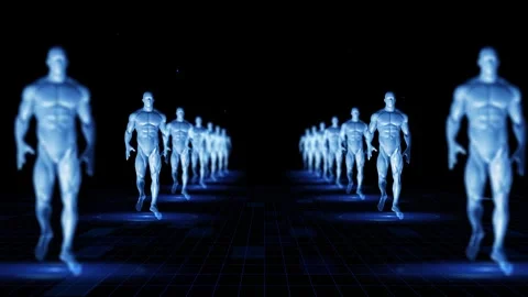Futuristic Digital Clones Marching in Formation on a Dark Grid Background Stock Footage 339052563