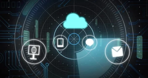 Futuristic digital cloud computing icons showing data processing animation on Stock Footage 306201002
