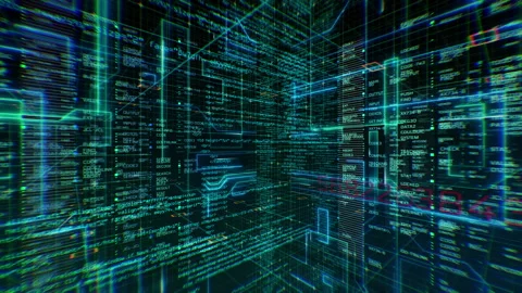 Futuristic Digital Code Matrix with Streaming Data and Neon Grid Stock Footage 331621191