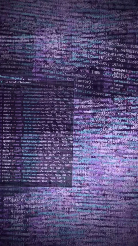 Futuristic Digital Code Scrolling Background Purple Neon Tech Video stock 335342320