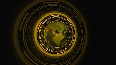 Futuristic digital compass with glowing earth and red pointer on dark grid,.. Stock Footage 332664092