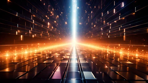 Futuristic Digital Corridor with Bright Light Beam and Orange Sparks 库存影片 341150577