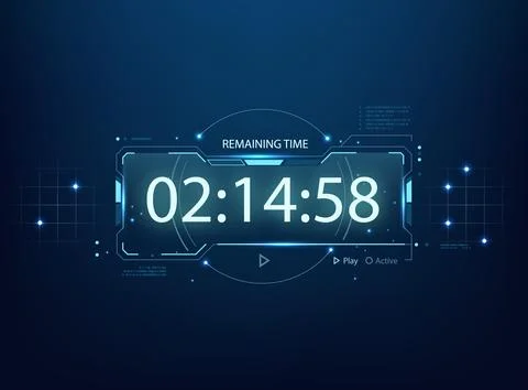 A futuristic digital countdown timer display on a dark blue technological b.. Stock Illustration