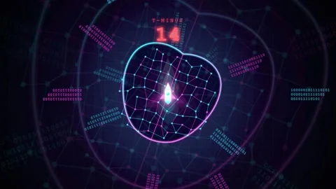 Futuristic Digital Countdown Timer with Glowing Neural Network Heart and Binary Video stock 343167070