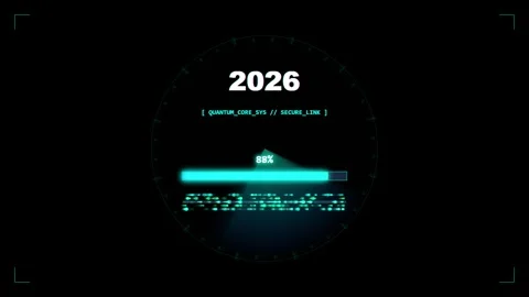 Futuristic digital countdown transition from 2026 to 2027 with glowing load.. Vidéo 344835439