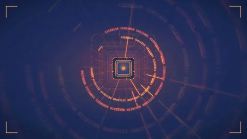 Futuristic Digital CPU Processor with Glowing Binary Code and HUD Interface on Stock Footage 343159316