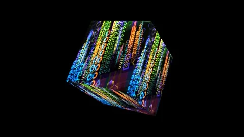 Futuristic digital cube with colorful neon geometric patterns on black back.. Stock Footage 338216137