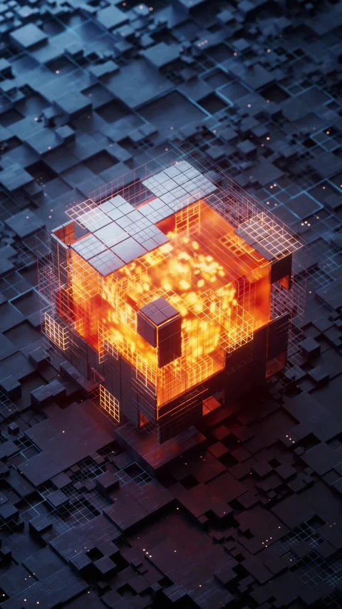 Futuristic digital cube with glowing orange core, animated abstract technol.. Stock Footage 332317601