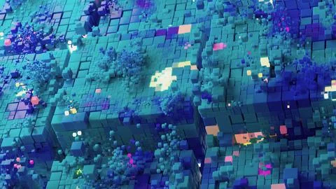 Futuristic digital cubes explosion, neon light and abstract 3D blocks structure 스톡 일러스트