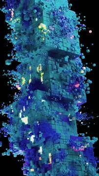 Futuristic digital cubes explosion, neon light and abstract 3D blocks structure 스톡 일러스트
