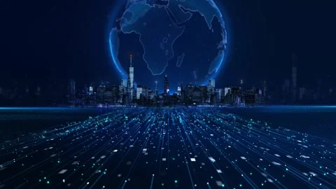 Futuristic Digital cyber world map earth metaverse 3D city virtual Smart city Stock Footage 313727741