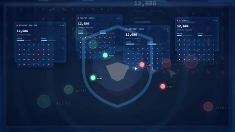 Futuristic Digital Cybersecurity Interface with Shield Icon and Data Analytics Stock Footage 343155988