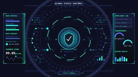 Futuristic Digital Dashboard Animation with Central Gauge and Data Metrics Vídeos de archivo 339388049