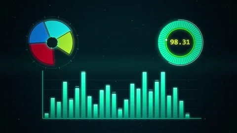 Futuristic digital dashboard displaying data visualizations on dark tech ba.. Vidéo 347718293