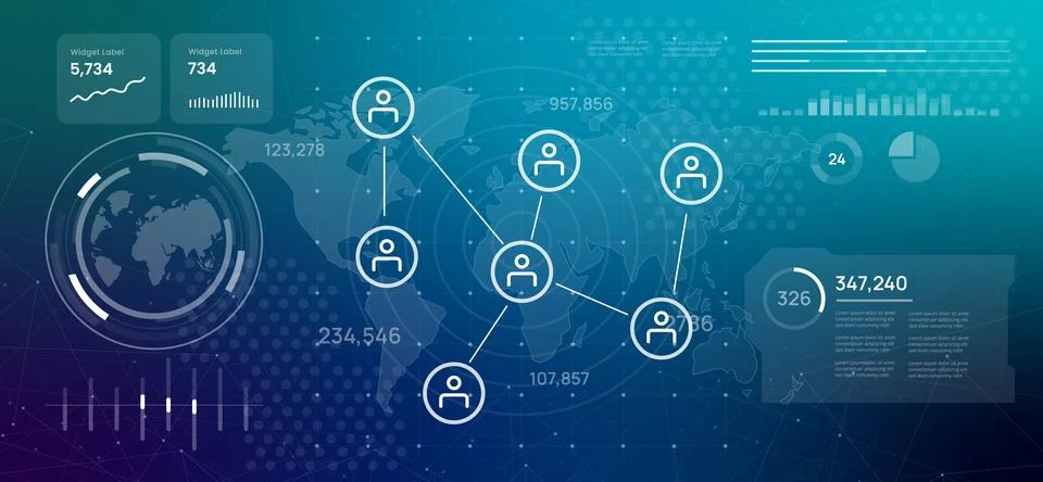 Futuristic digital dashboard featuring connected network of people icons Stock Illustration