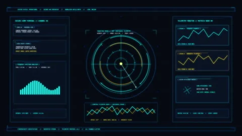 Futuristic digital dashboard interface with radar scan, data metrics, stock.. Stock Footage 348334970