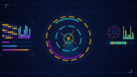 Futuristic digital dashboard interface scanning data with neon circular tar.. Stock Footage 345334380