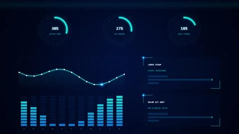 Futuristic digital dashboard interface showing changing statistics on dark .. Stock Footage 345334351