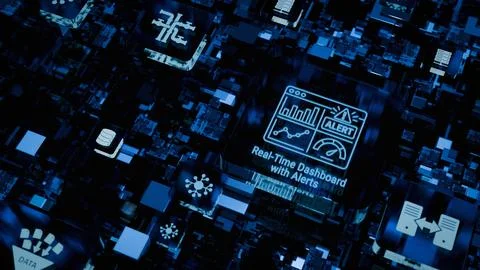 Futuristic Digital Dashboard Network Glowing Blue Circuit Board Technology .. Stock Photos