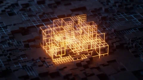 Futuristic digital data network architecture with glowing orange cube wiref.. Stock Footage 328334998