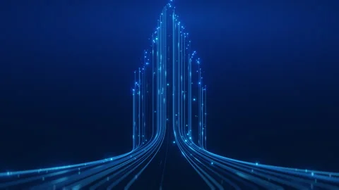 Futuristic Digital Data Stream Animation with Glowing Blue Optical Fiber Lines 库存影片 347180674
