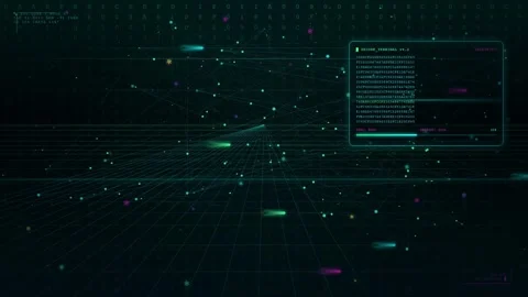 Futuristic Digital Data Stream with Cyber Grid and Floating Holographic Stock Footage 346213243
