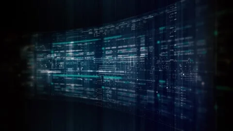 Futuristic digital data stream with glowing cyan HUD interface elements and.. Stock Footage 337693557