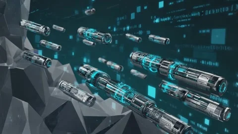 Futuristic digital data streams and glowing cybernetic capsules in abstract.. Stock Footage 321340526