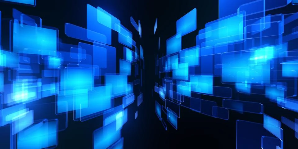 Futuristic Digital Data Tunnel with Floating Blue Panels 스톡 일러스트