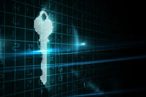 Futuristic digital design is showing glowing cyan dot key silhouette over grid イラスト素材