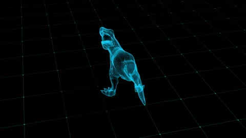 Futuristic Digital Dinosaur Wireframe Rendering in Virtual Grid Environment 库存影片 342606130